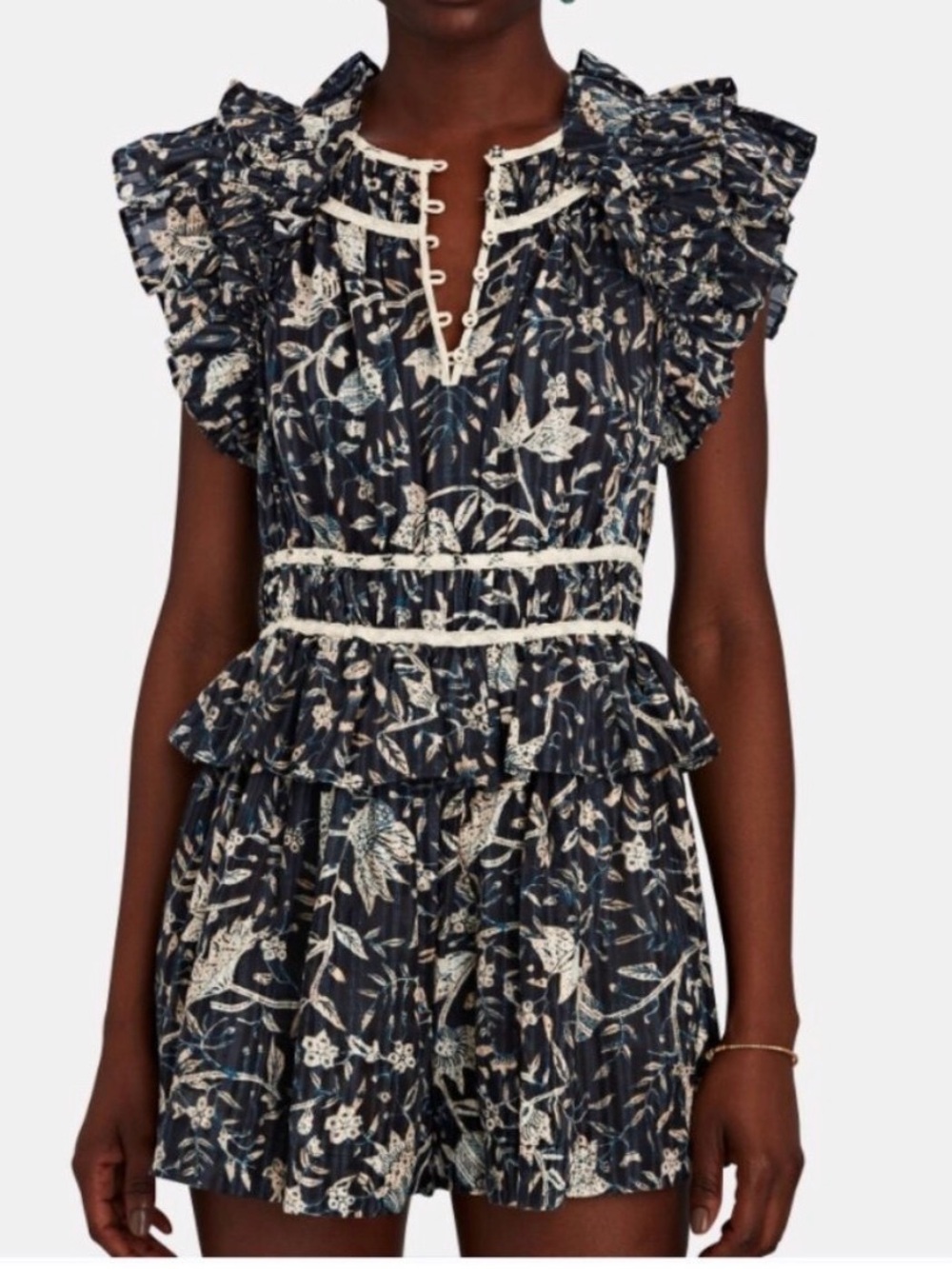 Ulla Johnson Endah Navy and Cream Floral Ruffle Romper